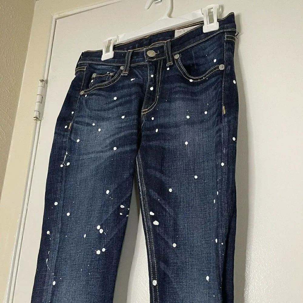 rag and bone paint splattered blue wash denim skinny low rise jeans size US 24 - Picture 3 of 8
